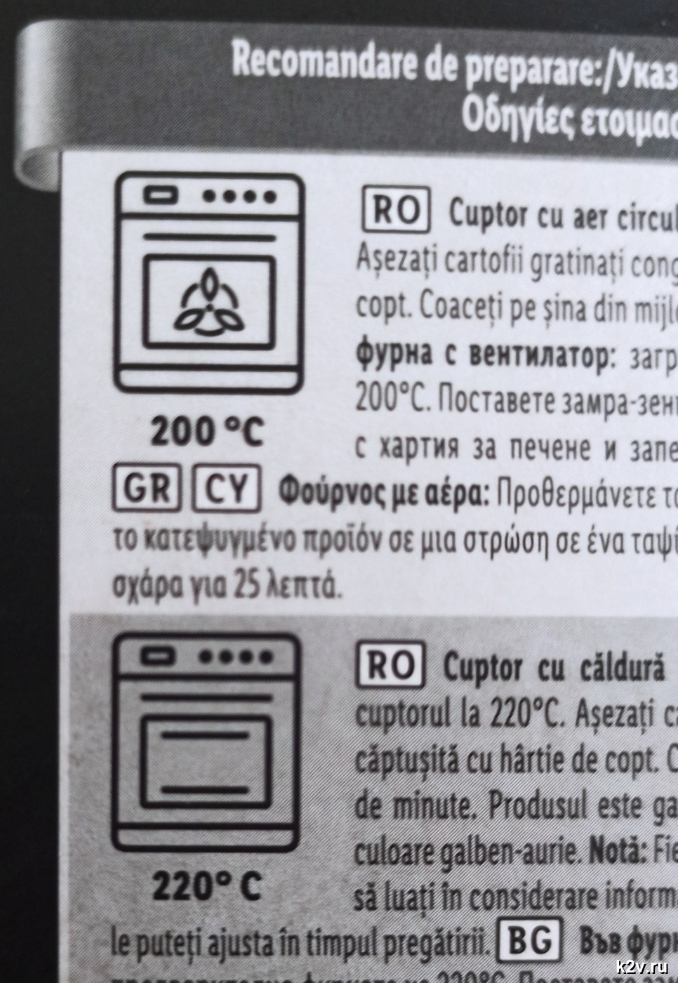 Инструкция на упаковке замороженного продукта с двумя значками духовки