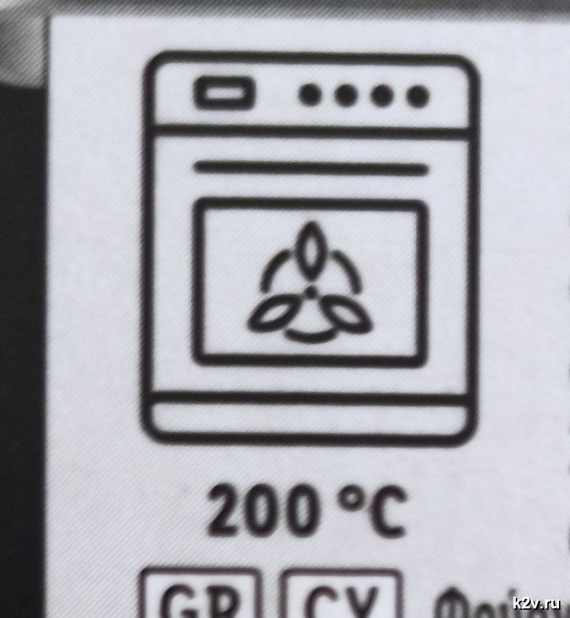 Значок духовки с вентилятором и 200 °C на упаковке продукта